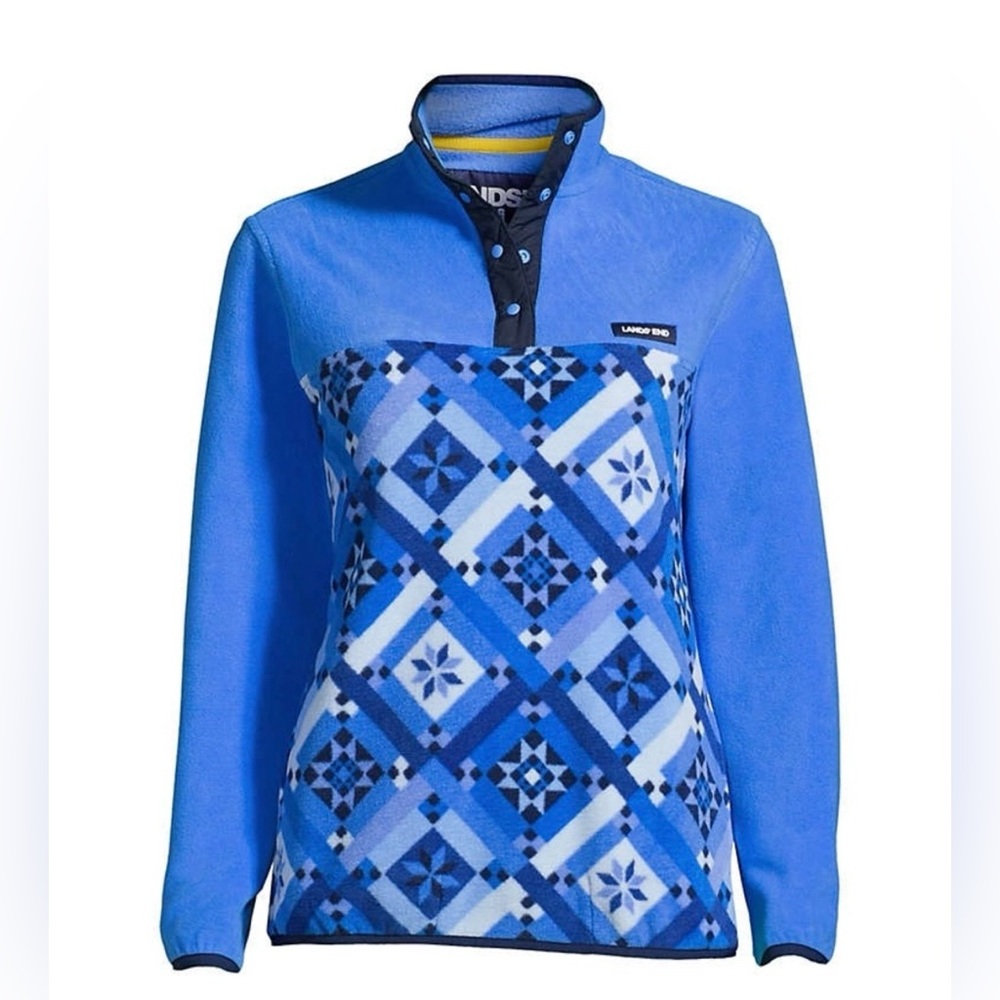 Lands' End Blue Kids Geometric Fleece Pullover NWT Medium and X-Large